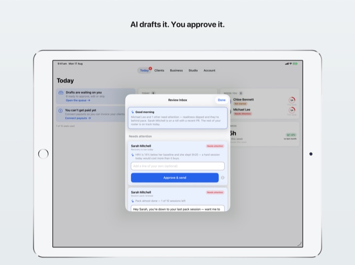 AI drafts it. You approve it. — iPad dashboard